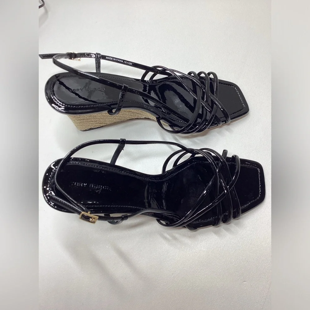 Tory Burch Black Multi Strap 75MM Wedge Sandals‎ Size 9